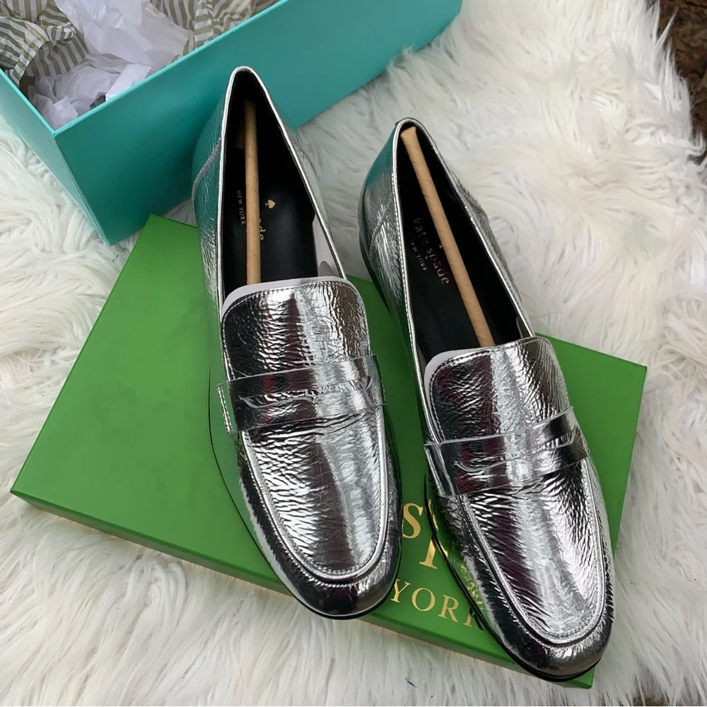 Kate Spade Silver Genevieve Silver Loafers for Women Size 10